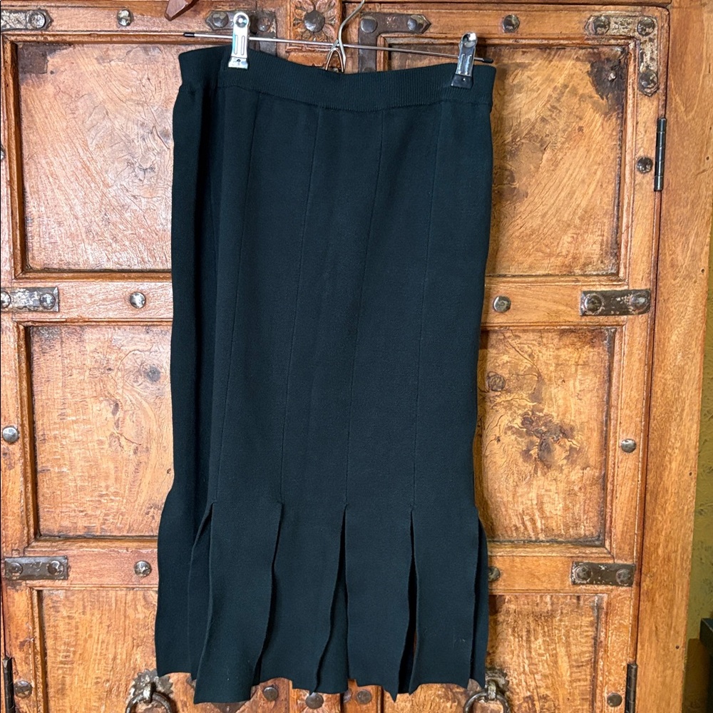 Dark Green Pleated Midi Skirt Fringed Bottom / Small
